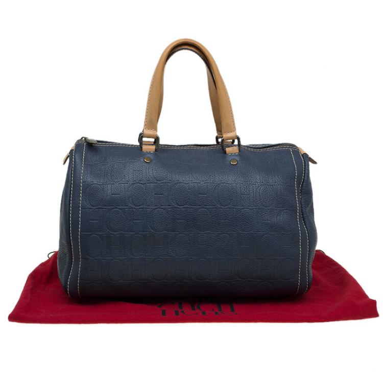 Pre Owned Carolina Herrera Navy Blue Monogram Leather Large Andy Boston Bag