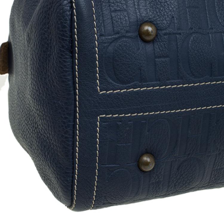 Pre Owned Carolina Herrera Navy Blue Monogram Leather Large Andy Boston Bag