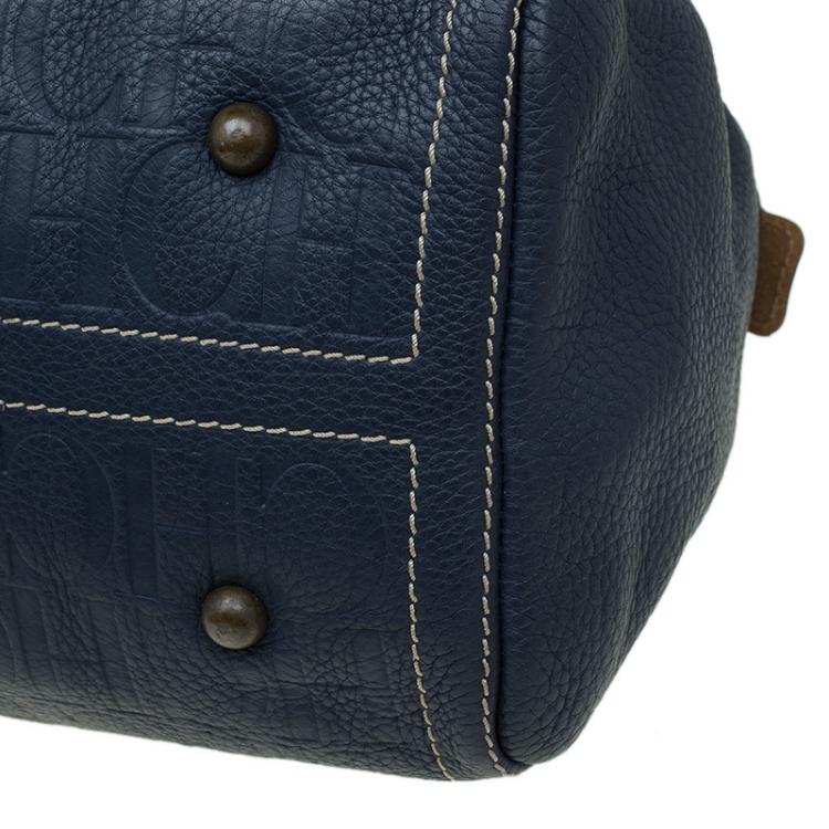 Pre Owned Carolina Herrera Navy Blue Monogram Leather Large Andy Boston Bag