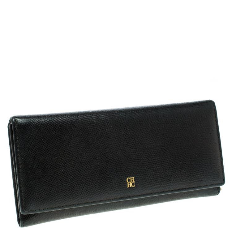 Pre Owned Carolina Herrera Black Textured Leather Continental Wallet