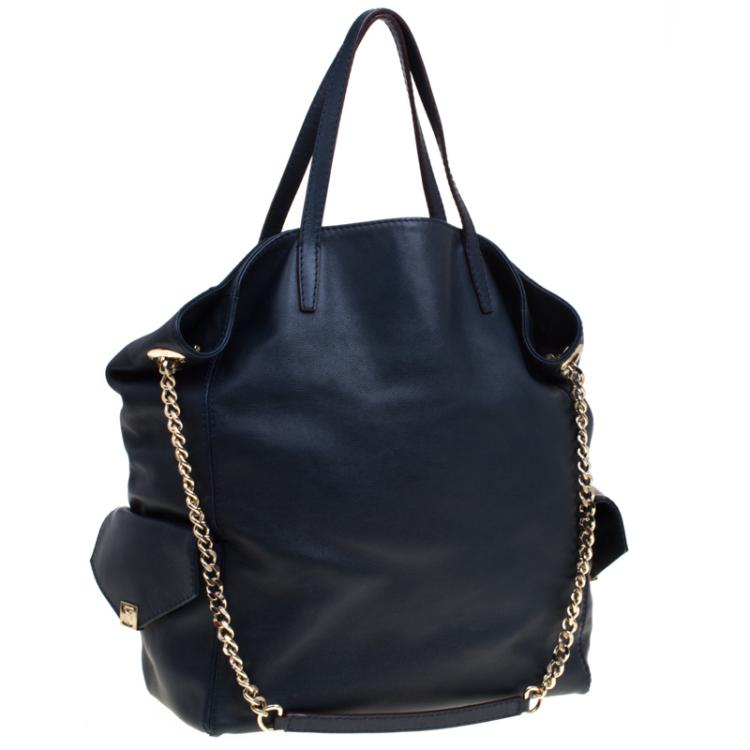 Pre Owned Carolina Herrera Navy Blue Leather Envelope Pocket Tote