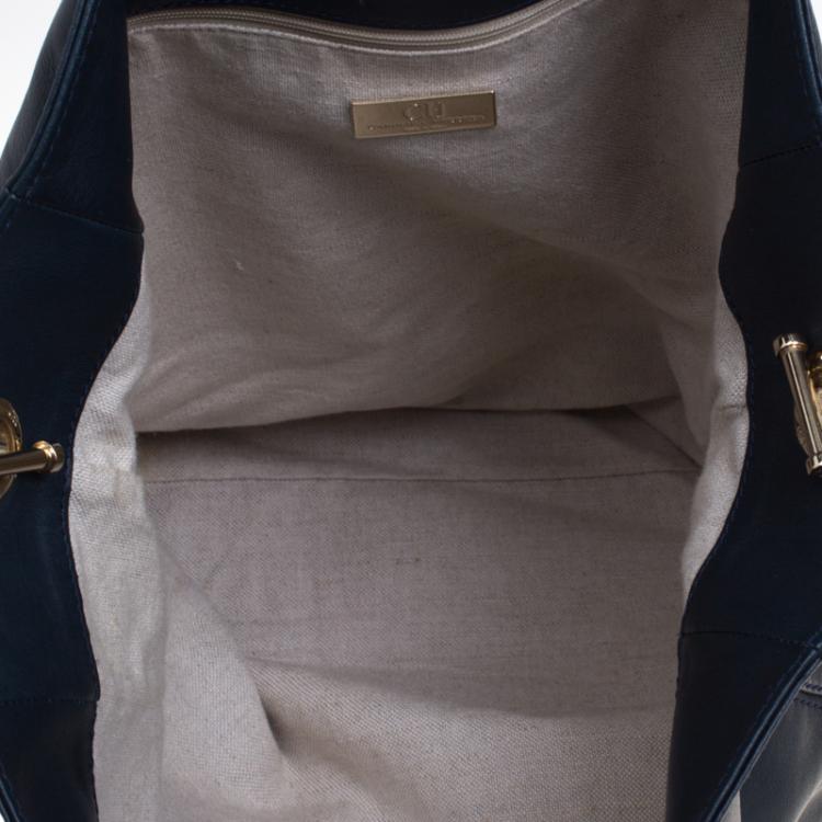 Pre Owned Carolina Herrera Navy Blue Leather Envelope Pocket Tote