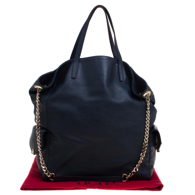 Pre Owned Carolina Herrera Navy Blue Leather Envelope Pocket Tote