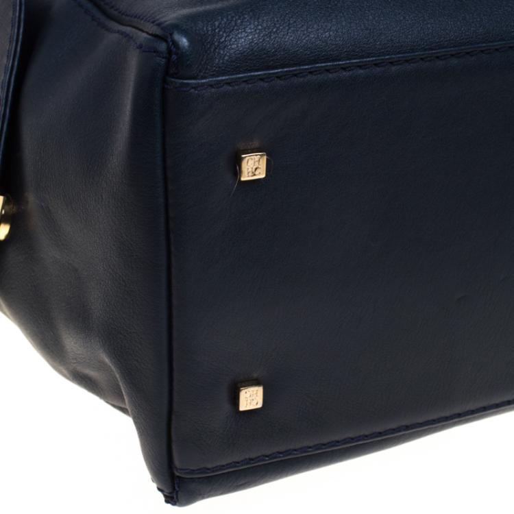 Pre Owned Carolina Herrera Navy Blue Leather Envelope Pocket Tote