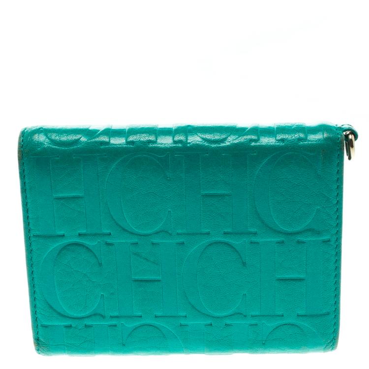 Pre Owned Carolina Herrera Turquoise Leather Gigi Tri Fold Wallet