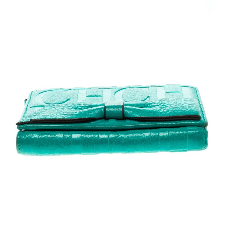 Pre Owned Carolina Herrera Turquoise Leather Gigi Tri Fold Wallet