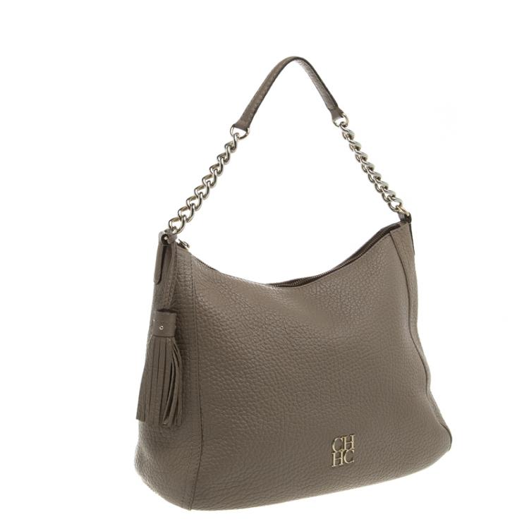 Pre Owned Carolina Herrera Beige Pebbled Leather Maria Shoulder Bag