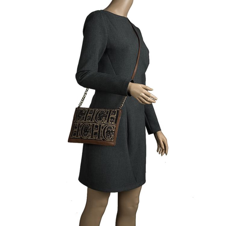 Pre Owned Carolina Herrera Blue/Brown Fabric and Leather Shoulder Bag