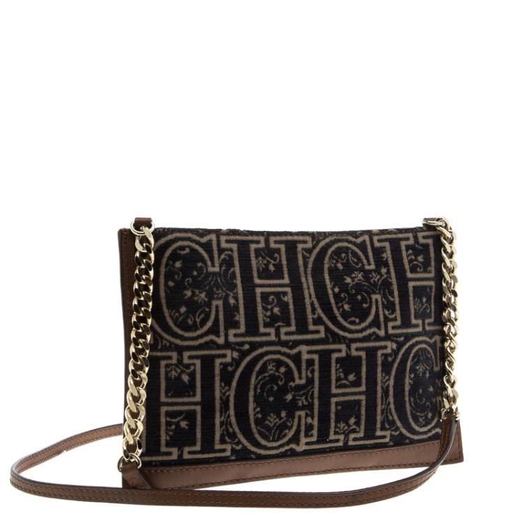 Pre Owned Carolina Herrera Blue/Brown Fabric and Leather Shoulder Bag