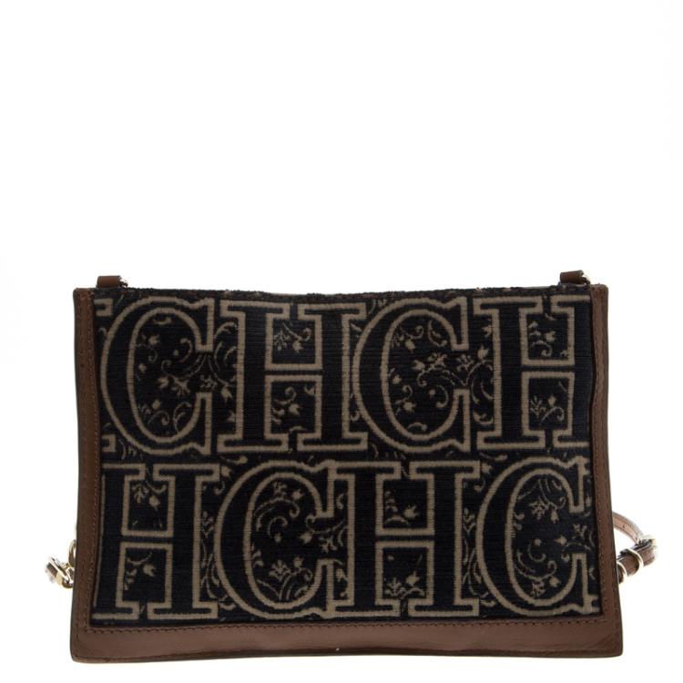 Pre Owned Carolina Herrera Blue/Brown Fabric and Leather Shoulder Bag