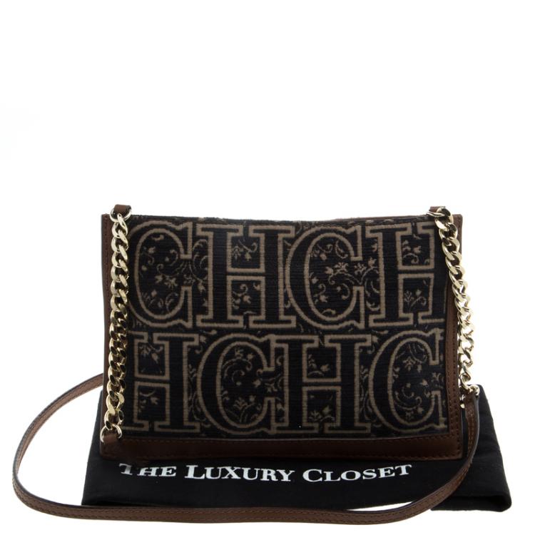 Pre Owned Carolina Herrera Blue/Brown Fabric and Leather Shoulder Bag