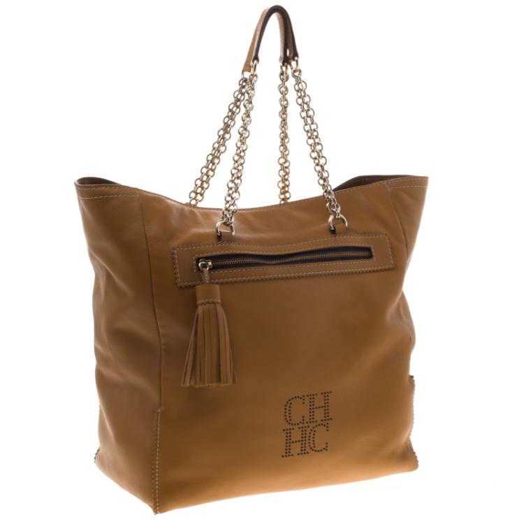 Pre Owned Carolina Herrera Tan Leather Shopping Tote