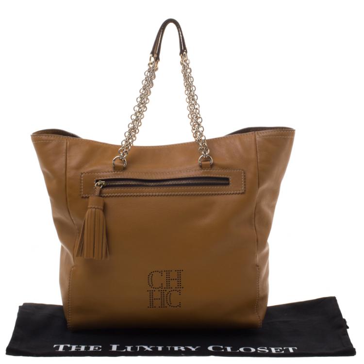 Pre Owned Carolina Herrera Tan Leather Shopping Tote