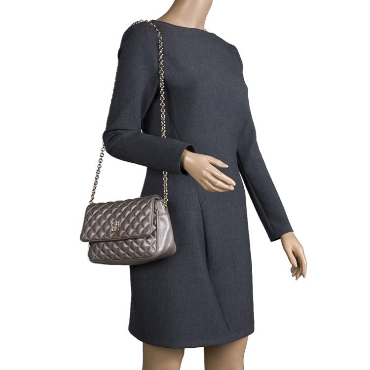 Pre Owned Carolina Herrera Metallic Grey Quilted Leather Shoulder Bag