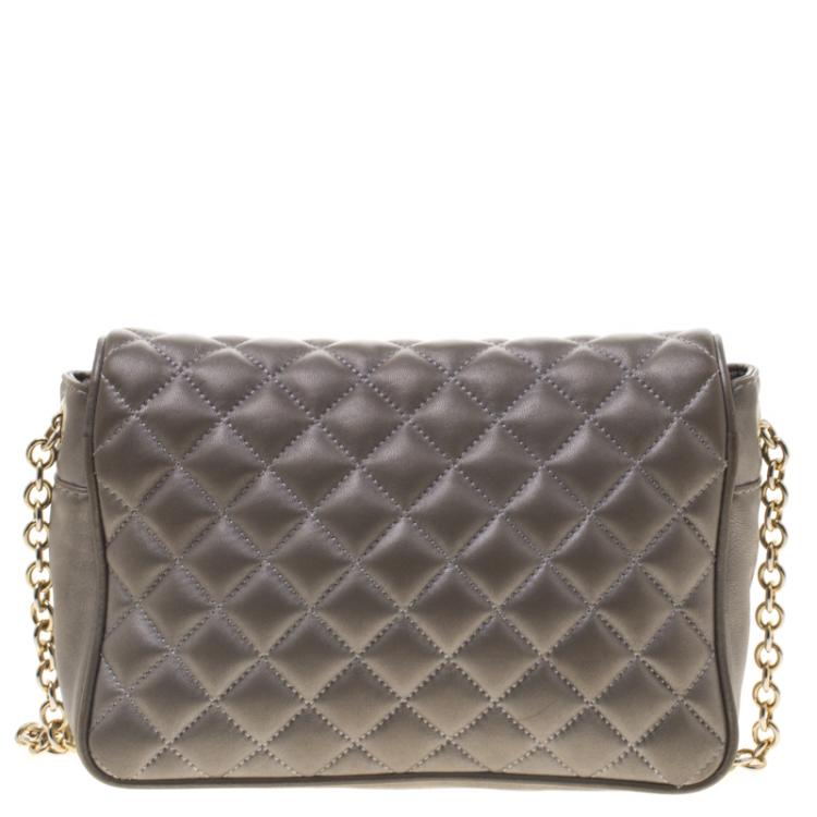 Pre Owned Carolina Herrera Metallic Grey Quilted Leather Shoulder Bag