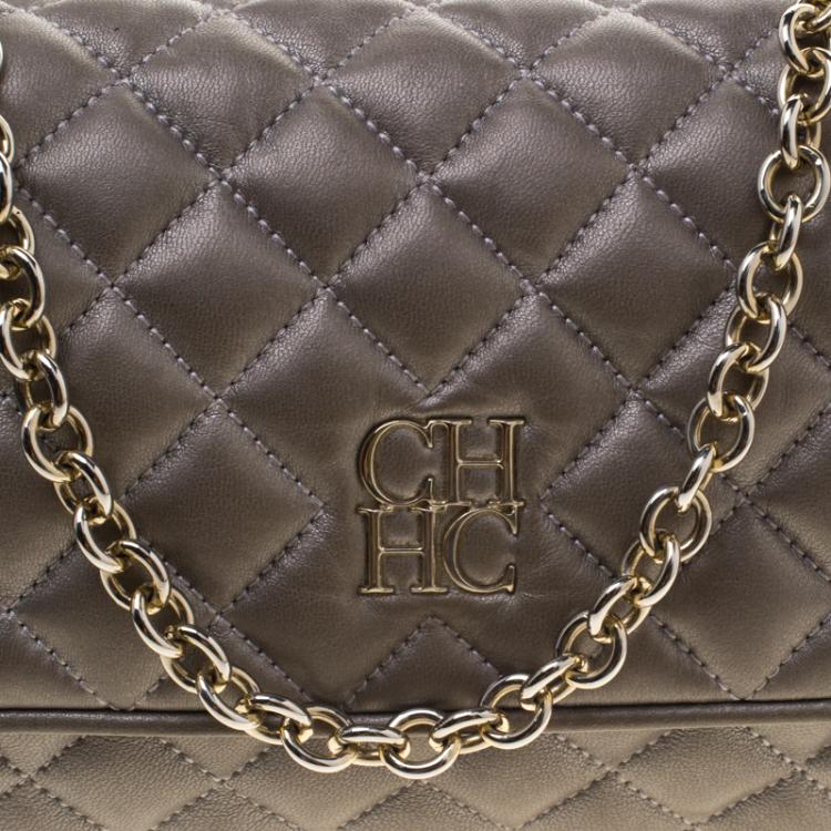 Pre Owned Carolina Herrera Metallic Grey Quilted Leather Shoulder Bag