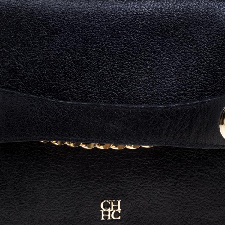 Pre Owned Carolina Herrera Black Leather Flap Shoulder Bag