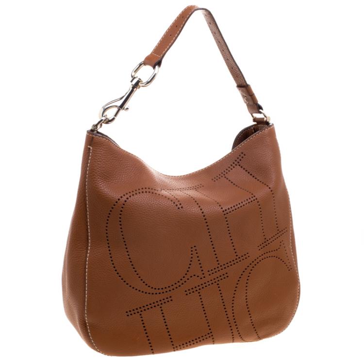 Pre Owned Carolina Herrera Brown Leather Perforated Logo Hobo