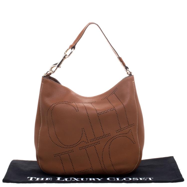 Pre Owned Carolina Herrera Brown Leather Perforated Logo Hobo