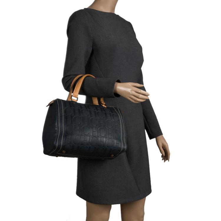 Pre Owned Carolina Herrera Navy Blue Monogram Leather Andy Boston Bag