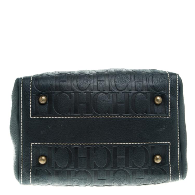 Pre Owned Carolina Herrera Navy Blue Monogram Leather Andy Boston Bag