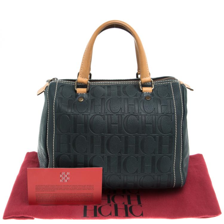 Pre Owned Carolina Herrera Navy Blue Monogram Leather Andy Boston Bag