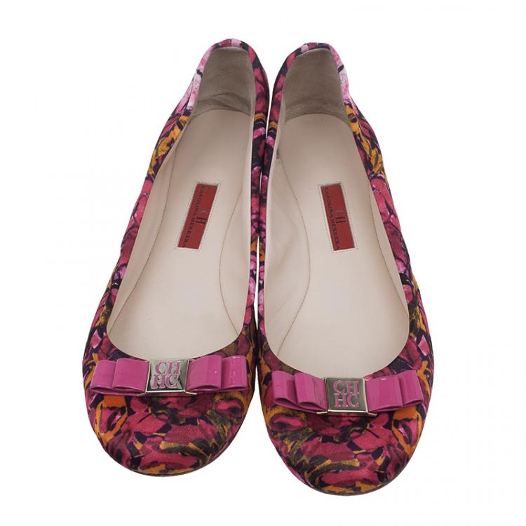 Pre Owned Carolina Herrera Pink Floral Print Bow Ballet Flats Size 39