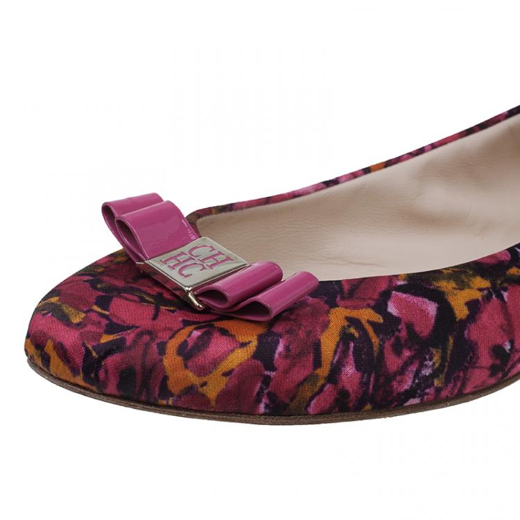 Pre Owned Carolina Herrera Pink Floral Print Bow Ballet Flats Size 39