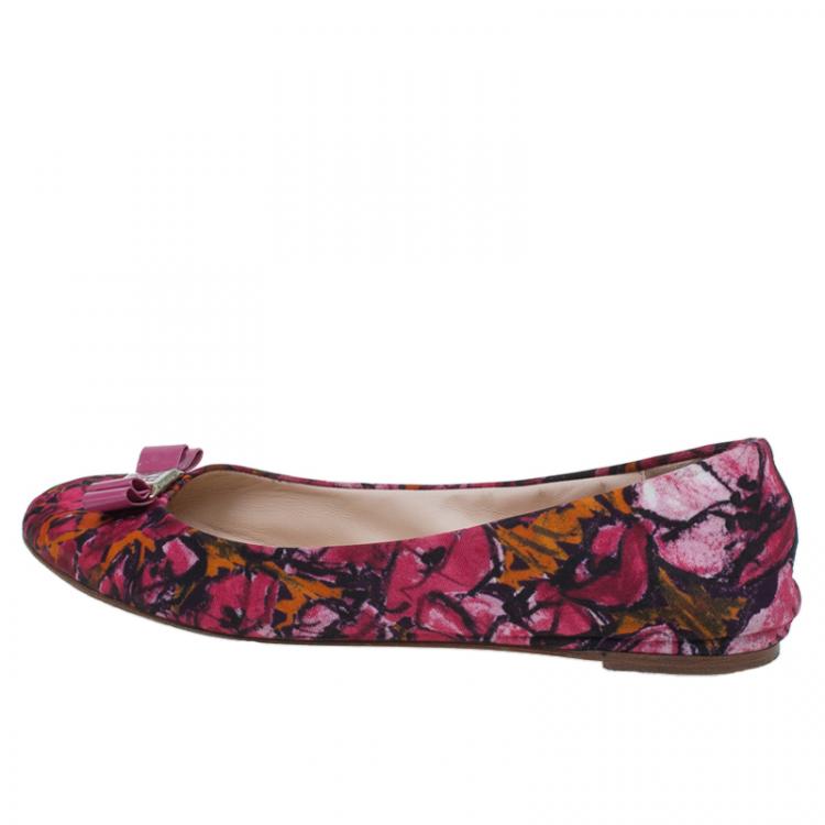 Pre Owned Carolina Herrera Pink Floral Print Bow Ballet Flats Size 39