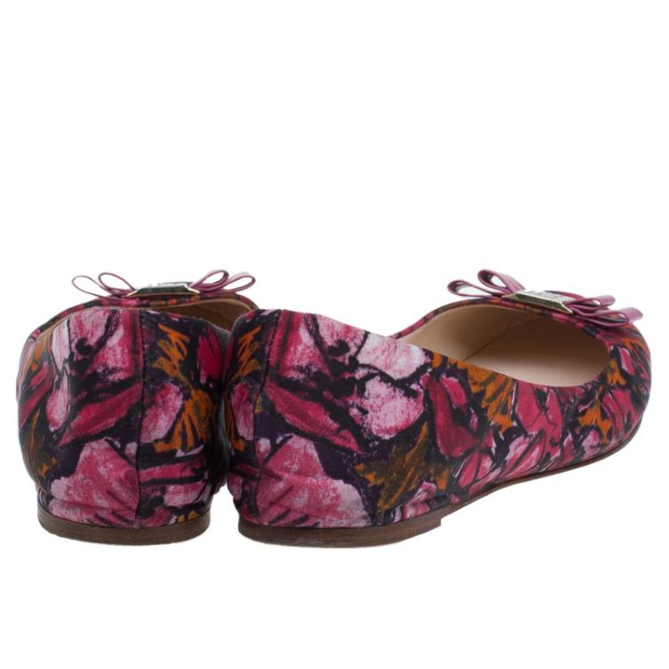 Pre Owned Carolina Herrera Pink Floral Print Bow Ballet Flats Size 39