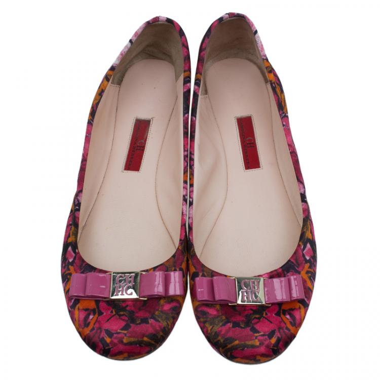 Pre Owned Carolina Herrera Pink Floral Print Bow Ballet Flats Size 39