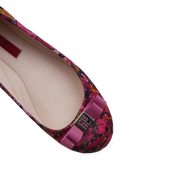 Pre Owned Carolina Herrera Pink Floral Print Bow Ballet Flats Size 39