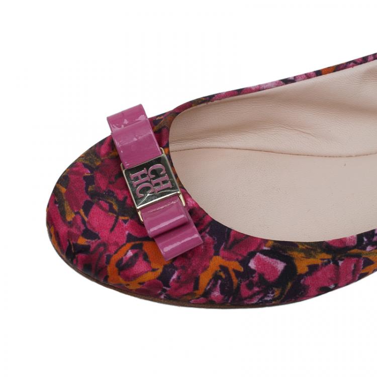Pre Owned Carolina Herrera Pink Floral Print Bow Ballet Flats Size 39
