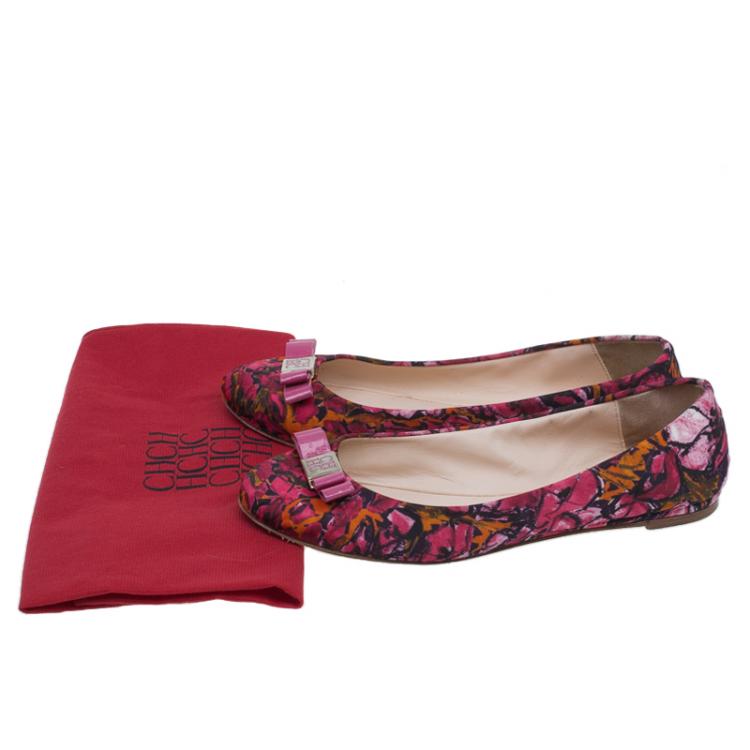 Pre Owned Carolina Herrera Pink Floral Print Bow Ballet Flats Size 39