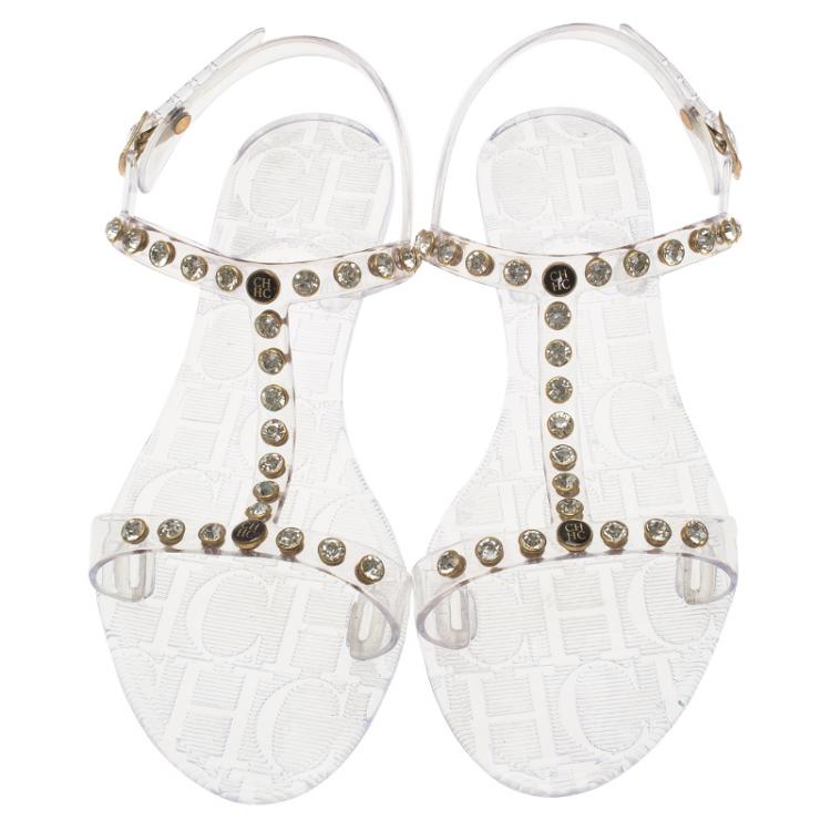 Pre Owned Carolina Herrera Transparent Studded Jelly Sandals Size 38