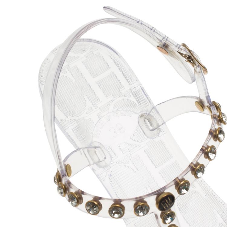 Pre Owned Carolina Herrera Transparent Studded Jelly Sandals Size 38