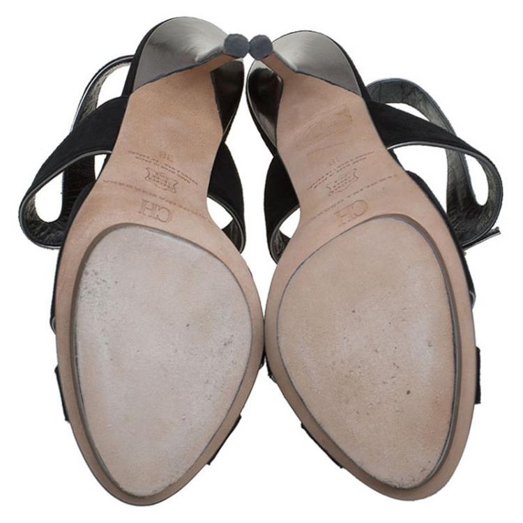 Pre Owned Carolina Herrera Black Suede and Silver Leather Sandals Size 38