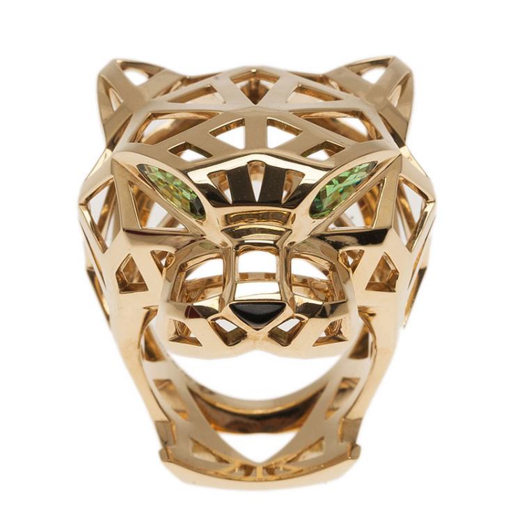 Pre Owned Cartier Panthère Tzavorite Garnet Yellow Gold Ring Size 52