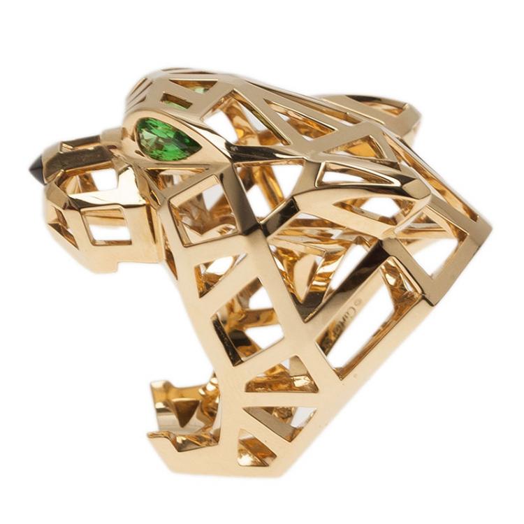 Pre Owned Cartier Panthère Tzavorite Garnet Yellow Gold Ring Size 52