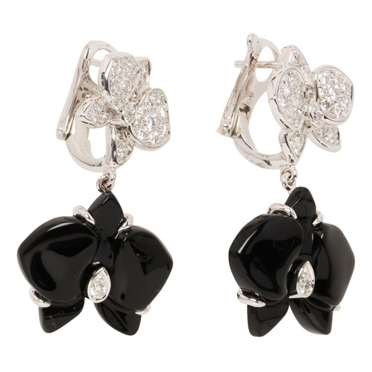 Pre Owned Cartier Caresse D'orchidees Par Cartier Diamonds, Onyx and White Gold Dangle Earrings