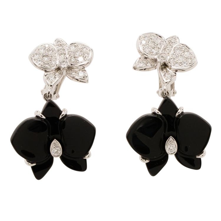 Pre Owned Cartier Caresse D'orchidees Par Cartier Diamonds, Onyx and White Gold Dangle Earrings