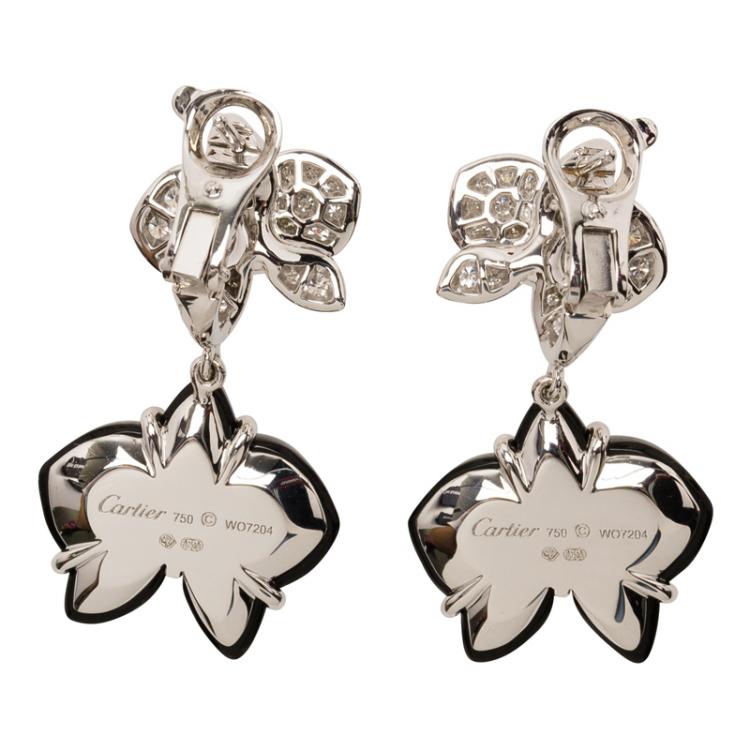 Pre Owned Cartier Caresse D'orchidees Par Cartier Diamonds, Onyx and White Gold Dangle Earrings