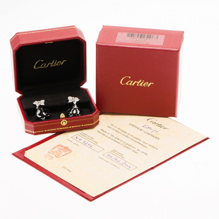 Pre Owned Cartier Caresse D'orchidees Par Cartier Diamonds, Onyx and White Gold Dangle Earrings