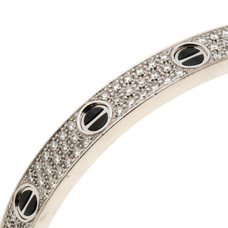 Pre Owned Cartier Love Diamond Paved Ceramic & 18K White Gold Bracelet 17cm