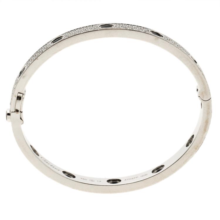 Pre Owned Cartier Love Diamond Paved Ceramic & 18K White Gold Bracelet 17cm