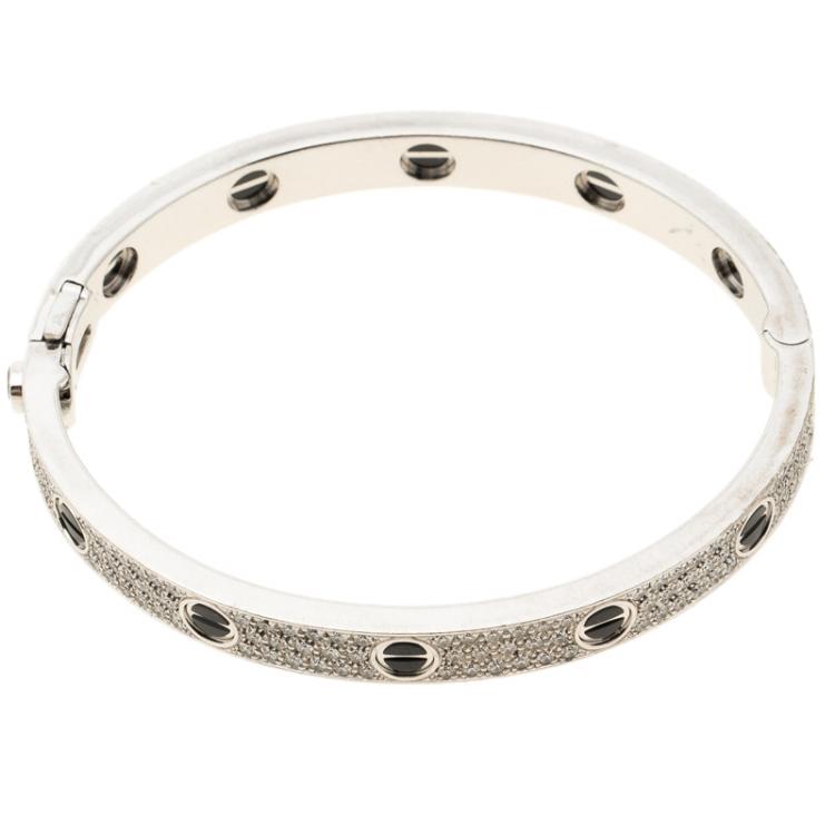 Pre Owned Cartier Love Diamond Paved Ceramic & 18K White Gold Bracelet 17cm