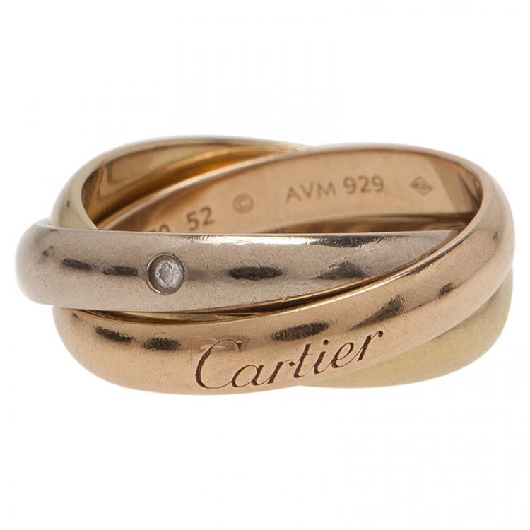 Pre Owned Cartier Trinity 5 Diamonds Three Tone Gold Small Model Ring Size 52