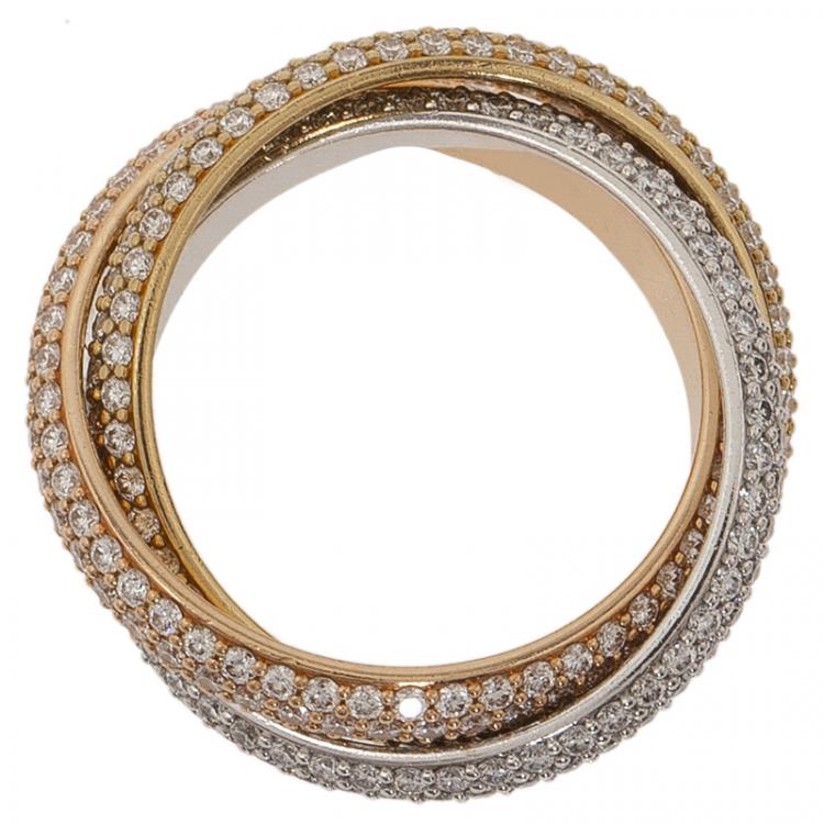Pre Owned Cartier Trinity Diamond Pavé Three Tone Gold Ring Size 53