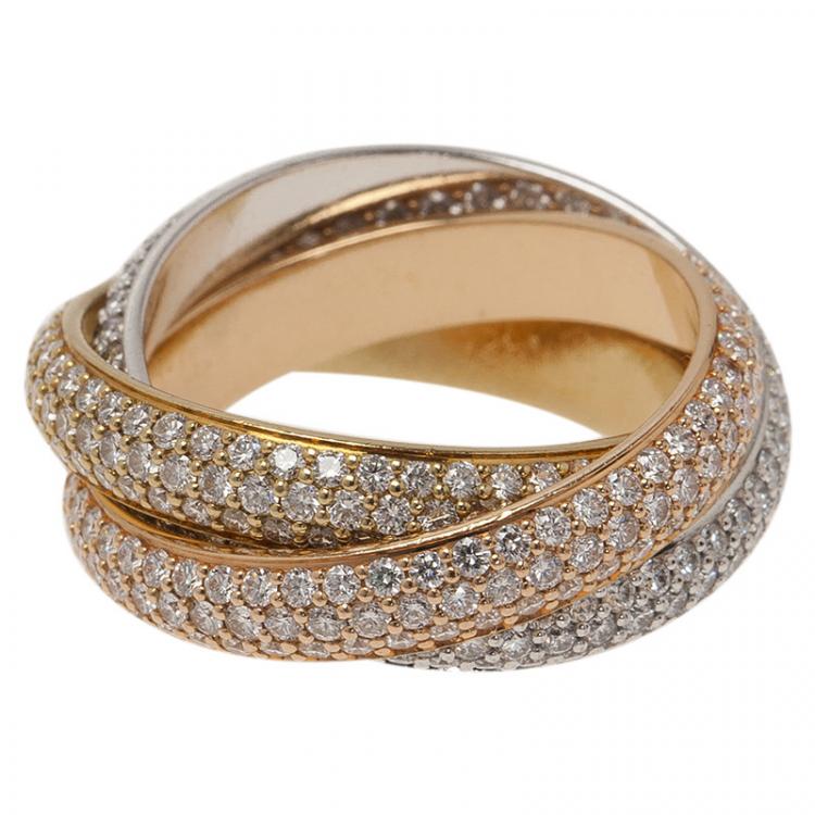 Pre Owned Cartier Trinity Diamond Pavé Three Tone Gold Ring Size 53