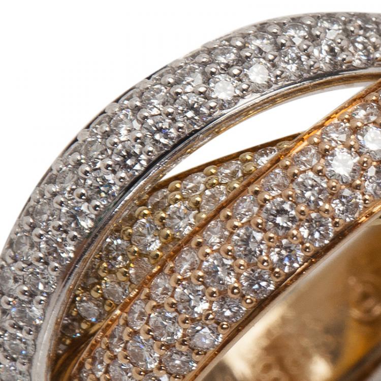 Pre Owned Cartier Trinity Diamond Pavé Three Tone Gold Ring Size 53